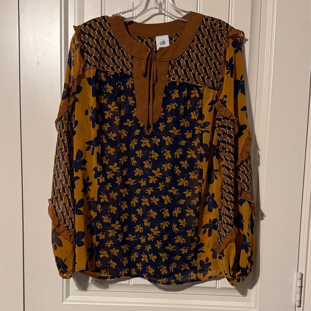 CAbi Caramel and Navy Floral Blouse